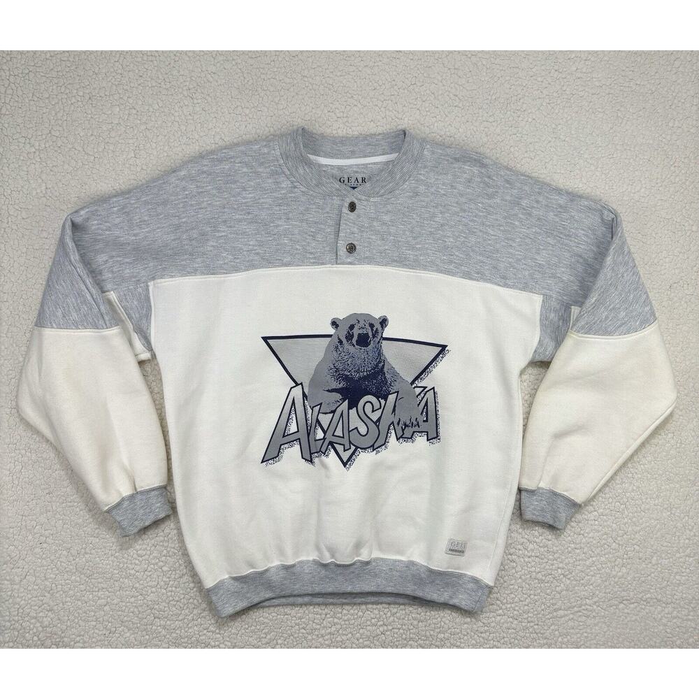 Vintage‎ Alaska Polar Bear Henley Sweatshirt Gear For Sports M Pullover Graphic